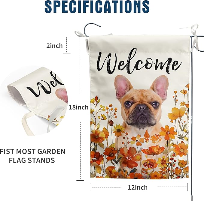 French Bulldog Fall Garden Flag Autumn Dog Yard Sign Orange Floral Thanksgiving Outdoor Banners for Outside 12x18 Double Sided Small Wild Flower Lawn Decorations