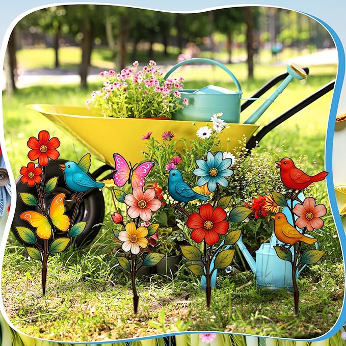 4 Pack Garden Decor for Outside Metal Flowers Garden Stakes Spring Decor 15'' Decorative Colorful Flowers Birds Butterfly Yard Art Rust Proof Plant Sticks for Yard Lawn Pathway Patio Outside