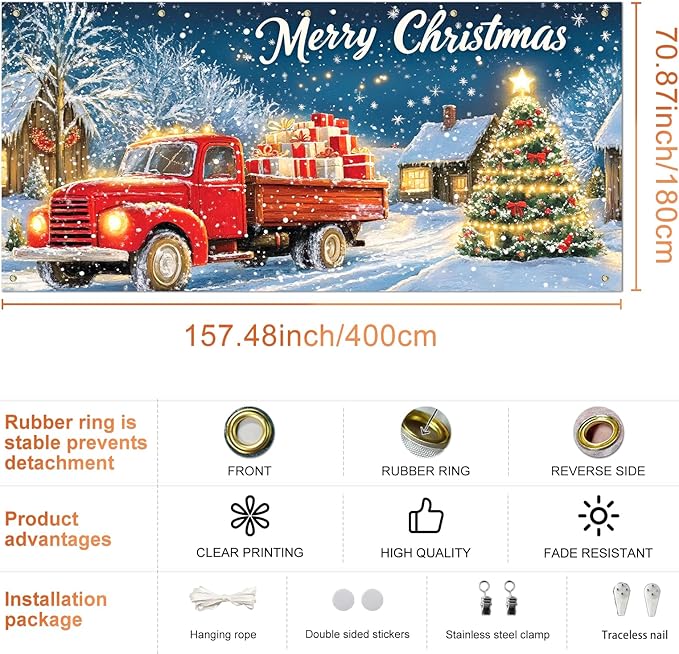 IVN Christmas Garage Door Banner 6x13 ft Red Vintage Truck with Gifts Backdrop Garage Door Covers Decorative Holiday Garage Door Cover Mural Snowy Christmas Tree Scene