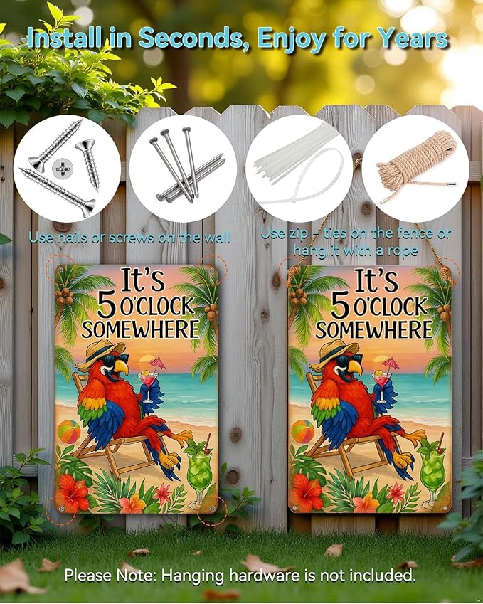It's 5 O'Clock Somewhere Sign - Funny Parrot Vintage Decor for Tiki Bar, Beach House, Patio & Outdoor, 8x12 Inch Rust-Proof Aluminum Metal Sign, UV Printed Fade-Resistant Wall Art (8" x 12")