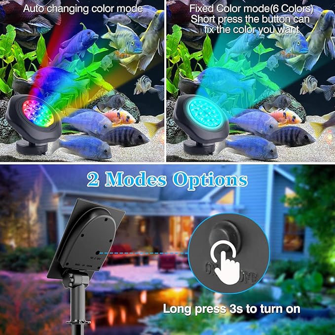 T-SUN Solar Pond Lights, IP68 Waterproof RGB LED Submersible Lights, 2-in-1 Floating & Stake Modes, Underwater Fountain Light for Garden, Pool, Fish Tank, Outdoor Pond Decoration