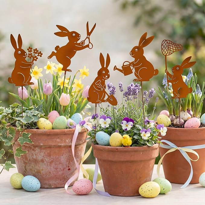 Leinuosen 5pcs Easter Bunny Garden Stakes 13 inch Metal Easter Yard Decor Rustic Rust Finish Outdoor Garden Stakes Bunny Silhouette Set for Lawn Planter Flower Pot Pathway Spring Decoration(Rusty)
