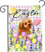 Happy Easter Dog Garden Flag Golden Doodle Spring Flags Buffalo Plaid Bunny Eggs Yard Flag for Outside 12x18 Double Sided Small Decorative Floral Outdoor Flag