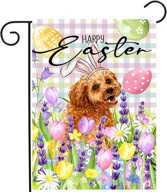 Happy Easter Dog Garden Flag Golden Doodle Spring Flags Buffalo Plaid Bunny Eggs Yard Flag for Outside 12x18 Double Sided Small Decorative Floral Outdoor Flag