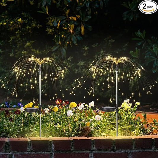2 Pack Solar Firework Lights Outdoor, Adjustable 32" to 51" Extra Tall, Verified 200 LED Warm White Stainless Steel 3-Section Pole, 8 Modes Waterproof Starburst Garden Lights for Patio Walkway