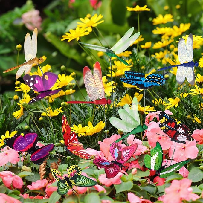 48 Pcs 3D Dragonfly Butterfly Garden Decor Dragon Fly Butterfly Garden Stakes with Sticks Colorful Butterflies Dragonflies Yard Art Ornaments for Indoor Outdoor Planter Pot Pathway Patio Decoration