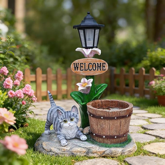 20" Solar Cat Garden Statue with Welcome Sign & Planter - Large Cat Sculpture with LED Street Lantern - Weatherproof Resin Decorative Flower Pot for Porch, Yard & Patio - Pet Lover Gift