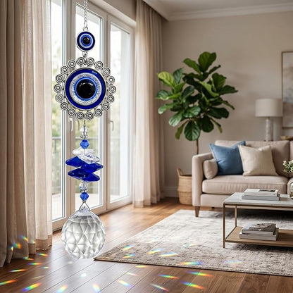 Crystal Suncatcher for Windows - Hanging Prism Sun Catchers with Crystal Balls&Blue Eye, Rainbow Maker for Home、 Garden、Car Decor (Round Eyes)