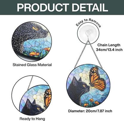 Black Cat Gifts, Cat Memorial Suncatcher Gift for Loss of Cats, Butterfly Stained Glass Suncatcher Window Hanging Decor for Garden, Pet Loss Gift Christmas Birthday Sympathy Gifts for Pet Lovers Women