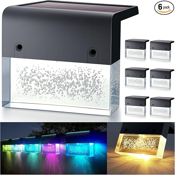 DenicMic Solar Deck Lights LED Solar Step Lights Outdoor for Fence, Patio, Garden, Yard, Backyard, 10 Lumen 2 Lighting Modes Acrylic Bubbles Warm White/Color Changing (6 Pack)