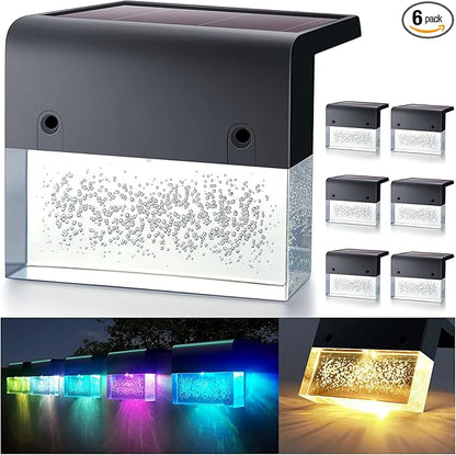 DenicMic Solar Deck Lights LED Solar Step Lights Outdoor for Fence, Patio, Garden, Yard, Backyard, 10 Lumen 2 Lighting Modes Acrylic Bubbles Warm White/Color Changing (6 Pack)