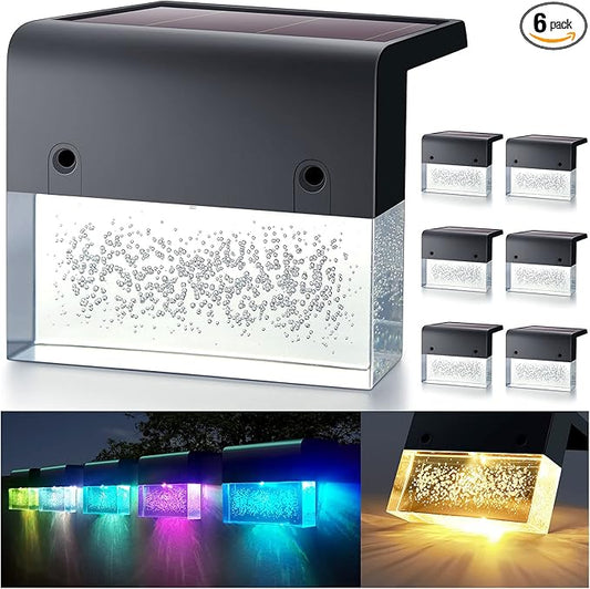 DenicMic Solar Deck Lights LED Solar Step Lights Outdoor for Fence, Patio, Garden, Yard, Backyard, 10 Lumen 2 Lighting Modes Acrylic Bubbles Warm White/Color Changing (6 Pack)