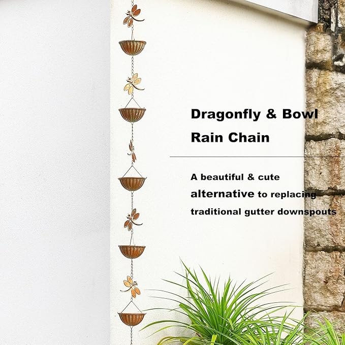 Dragonfly & Bowl Rain Chains, 8.5 ft Length Decorative Rain Catcher Chain for Gutters Outside, Iron Rain Gutter Replacement Downspout, Patina Color