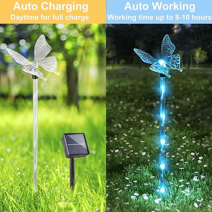 Set of 6 Arcylic Solar Lights for Outside, Solar Powered Garden Decorations with 8 Lighting Modes, Outdoor Waterproof Pathway Lights for Yard, Patio Plant Pot, Flower Bed (Butterfly)