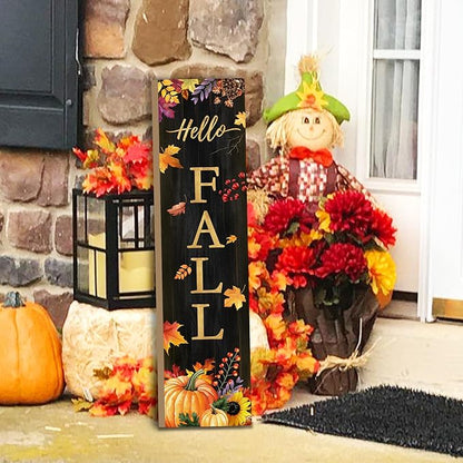 Hello Fall Porch Sign for Front Door, Autumn Wooden Welcome Sign with Maple Leaves Pumpkin for Front Porch Decorations, Fall Garden Decor Outdoor Hanging Signs Wall Sign 31.5"H