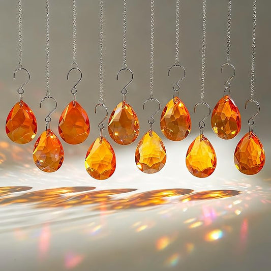 H&D HYALINE & DORA 10pcs Bauhinia Crystal Suncatcher Prisms Chandelier Beads Replacement 38mm Hanging Crystals Ornament Pendant for Window Wedding Party Decor,Amber