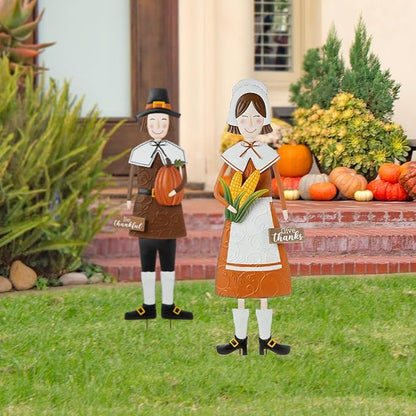 Glitzhome Thanksgiving Yard Stakes Metal Pilgrim Girl Yard Signs Hanging Wall Decors for Thanksgiving Fall Harvest Outdoor Decorations, 36" H