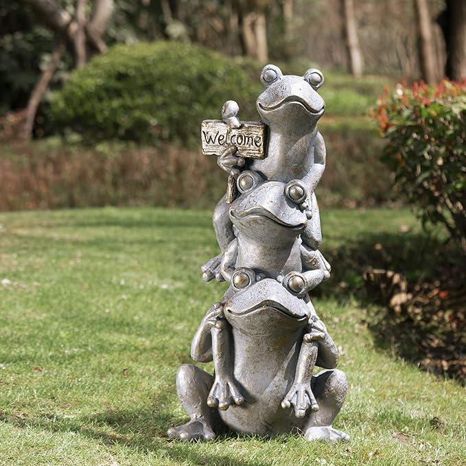 Glitzhome Stacked Frog Outdoor Statue Large Garden Sculpture Decoration, 28" H, Bronze