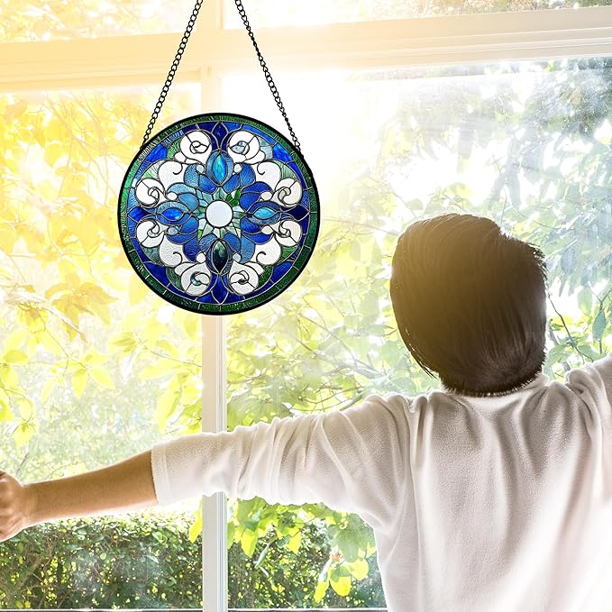 DASTOLL Stained Glass Window Hanging, Boho Style Sun Catchers Diamond Glass Panel Hangings Tiffany Suncatcher Decor for Birthday for Women, Men, Wife, Aunt, and Mom 6.3 in