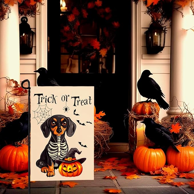 Halloween Garden Flags Trick or Treat Ghost Dog Yard Flag for Outside Decor Pumpkin Bat Spider Web Garden Flag Holiday Rottweiler Skeleton House Banner Outdoor Decoration for Home 12 x 18 Inch