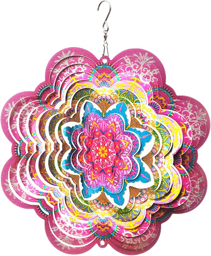 FONMY Wind Spinner 3D Stainless Steel by Laser Cut Indoor/Outdoor Garden Decoration Crafts Ornaments Kinetic Yard Art Decorations 6 inches Pink Flower Mandala Wind Spinners