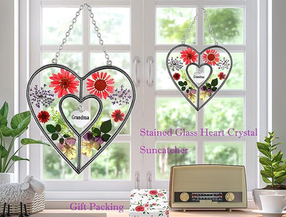 KY&BOSAM Grandma Heart Suncatcher Grandma Gifts Staiend Glass Wind Chimes for Outside Pressed Flower Colorful Heart Suncatchers Outdoor for Garden Windows Indoor Home Trees Patio Yard Porch Decor