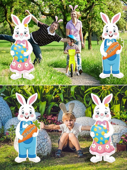 2Pcs Easter Yard Signs 32.28x12.4 Inch Large Bunny Lawn Decorations with Stakes for Egg Hunt Photography, Easter Outdoor, Garden, Lawn Party Waterproof Decorations