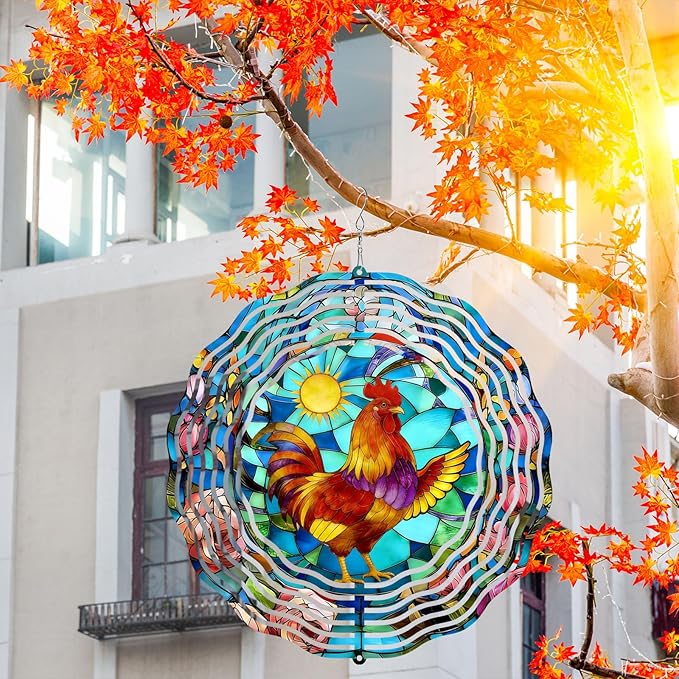 10 Inch 3D Rooster Wind Spinner for Yard and Garden, Laser Cut Metal Hanging Kinetic Wind Rustproof Sculpture for Lawn Balcony Window Porch Outdoor Decor