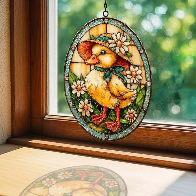 Warm Easter Duck Floral Mosaic Art Acrylic Suncatcher Stained Glass Effect Window Car Hanging Christmas Ornament Indoor Outdoor Decor Garden Sun Catcher Panel for Easter Lover for Women Mom Grandma