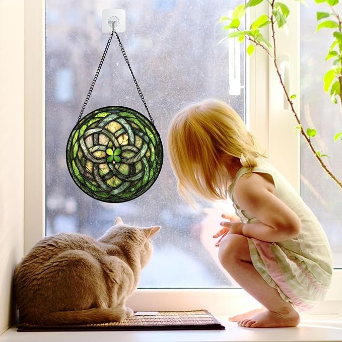 DASTOLL Stained Glass Window Hanging, Abstract Green Clover Sun Catchers Colorful Glass Panel Bless Suncatcher Decor for Birthday for Women, Men, Wife, Aunt, and Mom 6.3 in