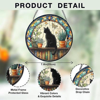 Black Cat Stained Glass Window Hanging, Book Lovers Suncatchers Sun Catchers Indoor Window Glass Wall Art, Book Reader Gifts, Black Cat Round Wall Hanging Decor, 7.9x7.9in,