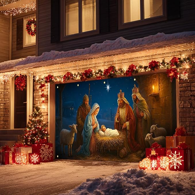 HOMETITUTE Nativity Scene Garage Door Banner 13x6ft Baby Jesus Backdrop with light Animals Stable Religious Christmas Yard Decor for Outdoor Wall Mural Holiday Display
