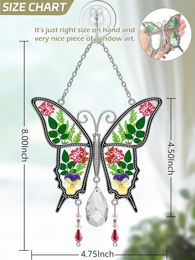 KY&BOSAM Butterfly Suncatcher Crystal Stained Glass for Windows Hangings Wind Chaim with Pressed Flower and Metal Heart Charm Mother`s Day Gifts for Mom from Daughter Son Christmas Birthday Décor