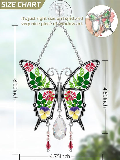 KY&BOSAM Butterfly Suncatcher Crystal Stained Glass for Windows Hangings Wind Chaim with Pressed Flower and Metal Heart Charm Mother`s Day Gifts for Mom from Daughter Son Christmas Birthday Décor