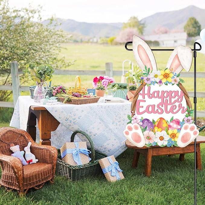 Easter Decorations Rabbit Garden Banner Double-Sided Printed Flag Bunny Yard Flags Bunting Outdoor House Yard Spring Seasonal Decoration Flower Egg