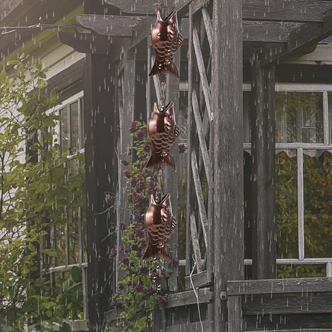 Abaodam Aluminum Alloy Rain Chain for Gutters Metal Water Drainage Chain Outdoor Garden Downspout Decor with Copper Fish Design