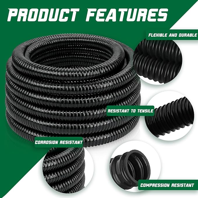 Pond Tubing 1-1/2” × 20 Feet Black Flexible PVC Pond Hose,Garden Pond PVC Tube - Reinforced, Kink-Resistant Tubing for Pumps, Fountains & Waterfalls, with 4 Clamps,1-1/2" Dia