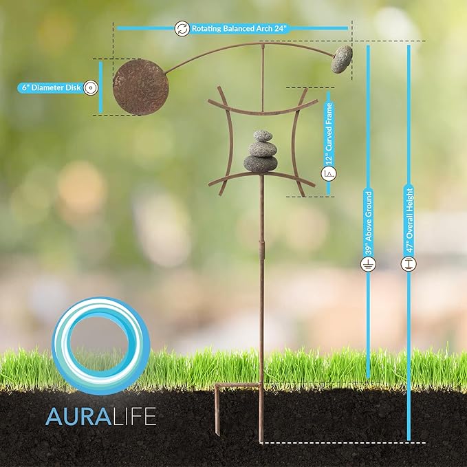 Aura Life Zen Garden Spinner Kinetic Wind Sculpture with Rock Cairn & Stake - Relaxing Outdoor Spinners for Yard and Garden - Handmade Outdoor Wind Art Vane Sculptures (Bare Steel)