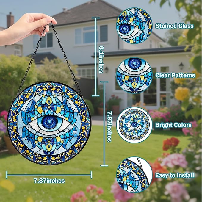 Evil Eye Stained Glass, Suncatcher for Window Hanging, Decoration for Window Sun Catcher Wall Art for Mom Grandma, Gifts for Spirits Lovers, for Home Yard Office Decor