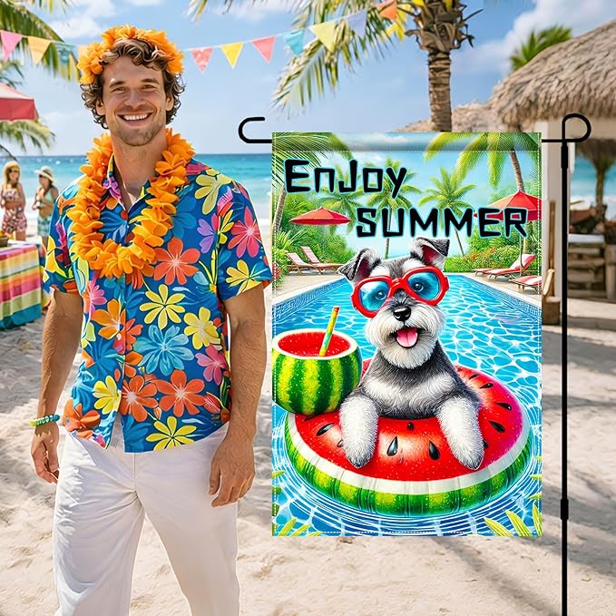 HOMETITUTE Hello Summer Garden Flag Schnauzer Dog 12X18 Inch Print Double Sided Cute Puppy Decorative Yard Flag Banner Poolside Patio Decor Banner Outside Seasonal Holiday Outdoor Decoration