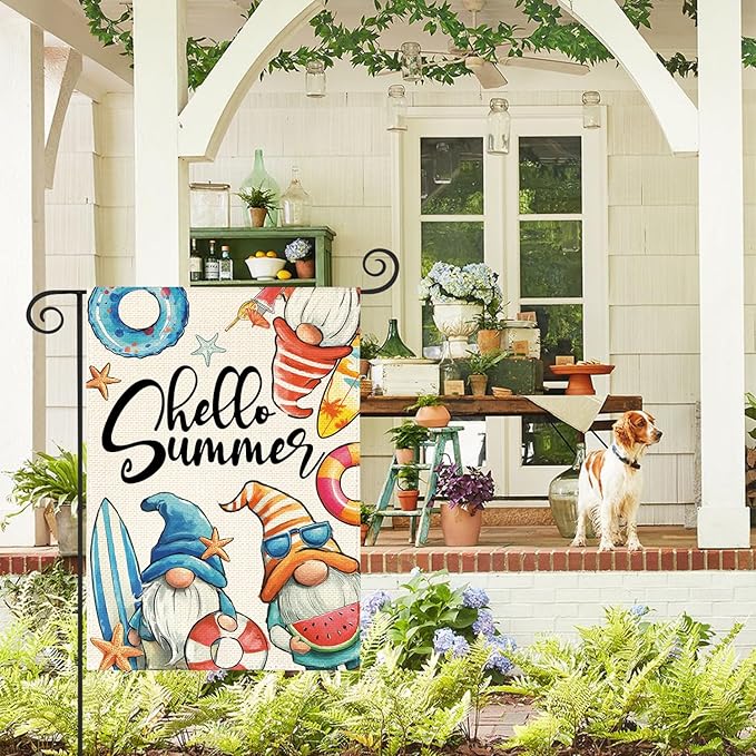 AVOIN colorlife Hello Summer Gnomes Garden Flag 12x18 Inch Double Sided, Coastal Seasonal Holiday Burlap Yard Outdoor Decoration