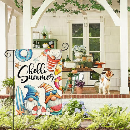 AVOIN colorlife Hello Summer Gnomes Garden Flag 12x18 Inch Double Sided, Coastal Seasonal Holiday Burlap Yard Outdoor Decoration