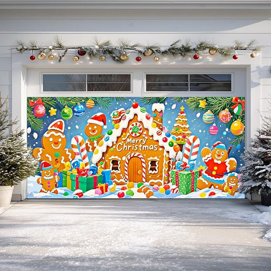 IVN Merry Christmas Garage Door Banner 13x6ft Festive Backdrop Gingerbread House Photo Prop Background for Joyful Holiday Yard Door Cover Background Outdoor Winter Scene