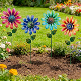 Metal Flowers Garden Stakes Outdoor Decor, 18 inch Shaking Flower Garden Yard Art, Weather Proof Flower Stakes for Yard Lawn Porch Pathway Patio Plant Pot Decorations, 4 Pack (Flower-b-Head)