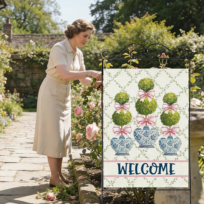 Chinoiserie Topiary Welcome Decorative Garden Flag, Blue and White Porcelain Botanical Large Yard Outside Decorations, Pink Bow Coquette Plant Burlap Outdoor Home Decor Double Sided 28 x 40