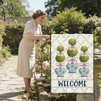 Chinoiserie Topiary Welcome Decorative Garden Flag, Blue and White Porcelain Botanical Large Yard Outside Decorations, Pink Bow Coquette Plant Burlap Outdoor Home Decor Double Sided 28 x 40