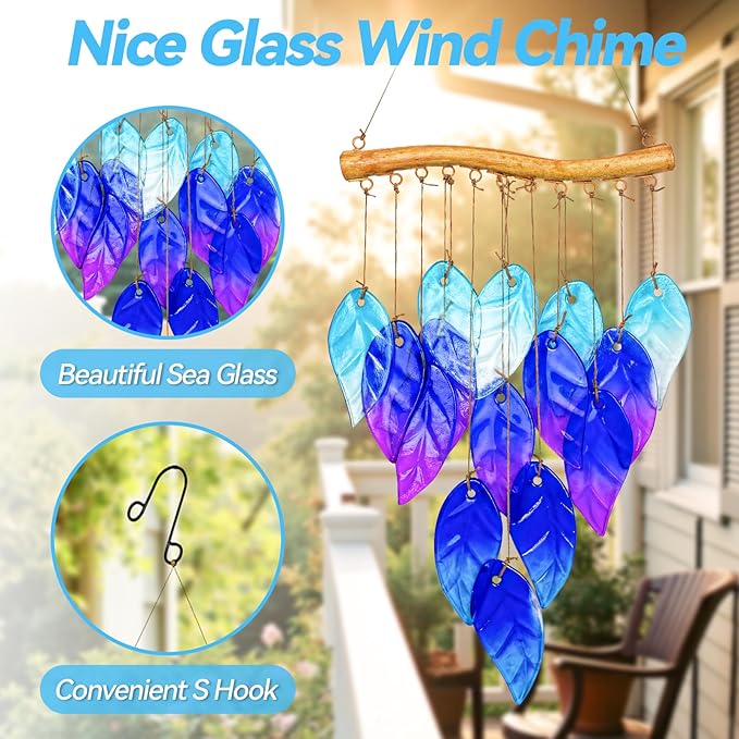Sea Glass Wind Chime, Leaf Shape Glass Windchime for Outside, Indoor Outdoor Decor for Patio Garden Yard, Nice Gifts for Mom & Women, Memorial Sympathy Gift for Home