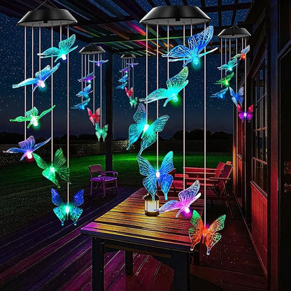 WENANA Blue Butterfly Solar Wind Chimes Color Changing Lights Outdoor, Best Gifts for Mom Grandma Women Wife Aunt Daughter Sister, Unique Mobile Wind Chime, Gardening Yard Decorations