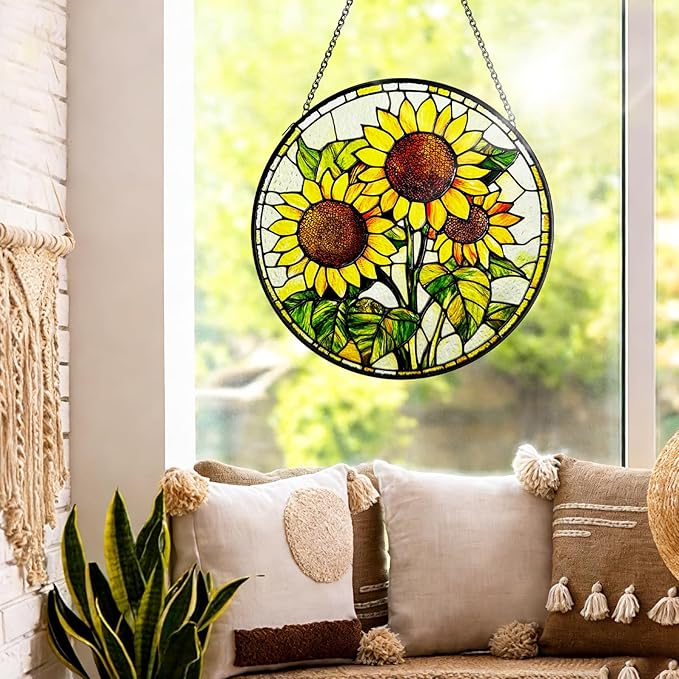 Stained Glass Suncatchers for Windows, 8 in Hanging Sun Catchers Indoor Window, Mother's Day Birthday Gifts for Sunflower Lovers Women Men Mom