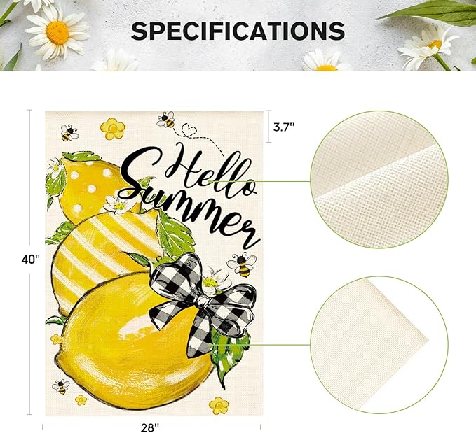 AVOIN colorlife Hello Summer House Flag 28x40 Inch Double Sided Outside, Lemon Bee Rustic Seasonal Yard Outdoor Flag